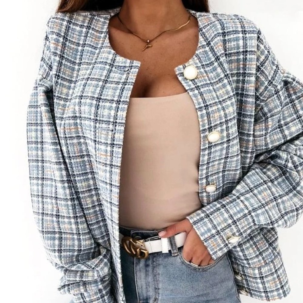 Fashionable Womens Check Printed Long Sleeve Jacket